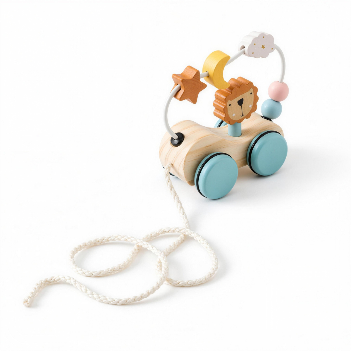 Wooden pull-along lion toy with bead maze