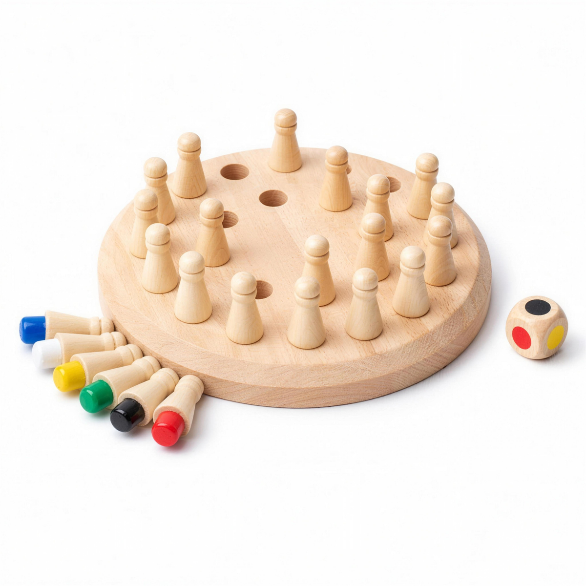 Round wooden memory match peg game with colored pegs and dice