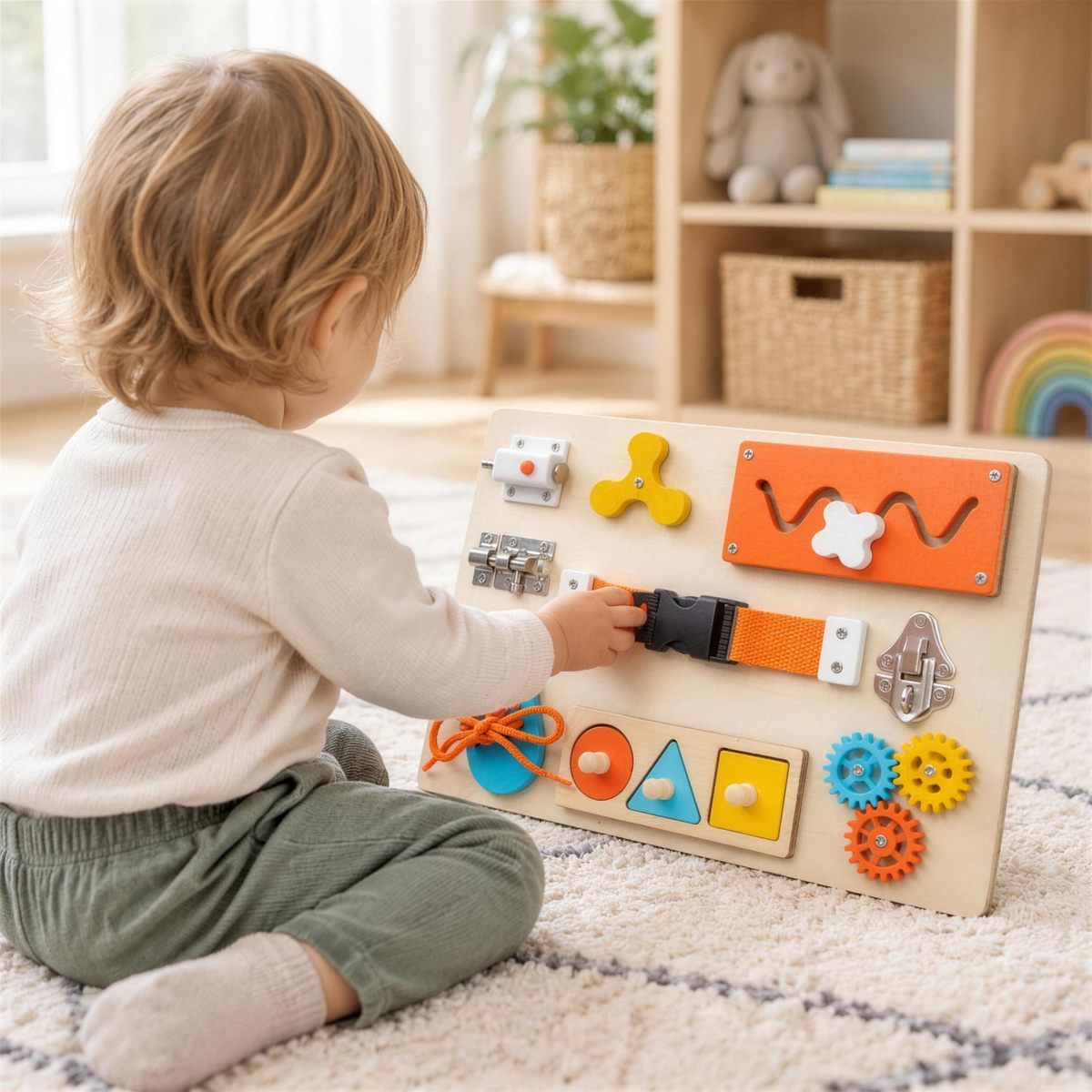 Toddler playing with the wooden busy board