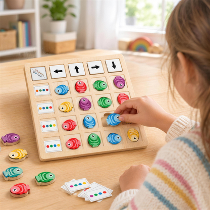 Child playing the wooden fish direction logic game