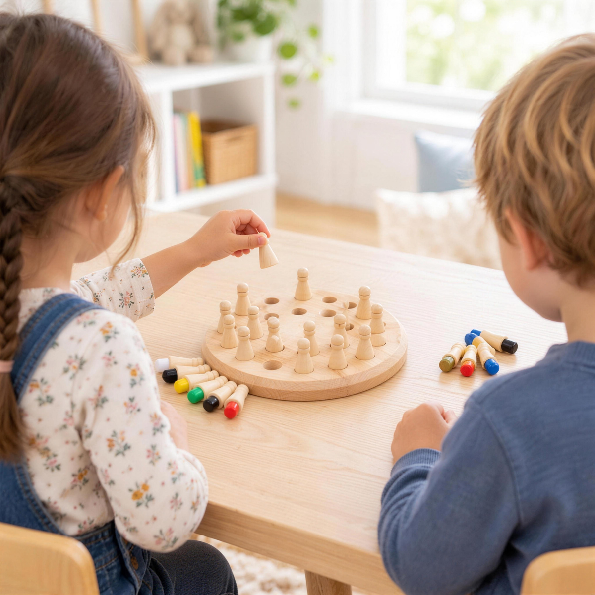 Children playing the wooden memory peg game