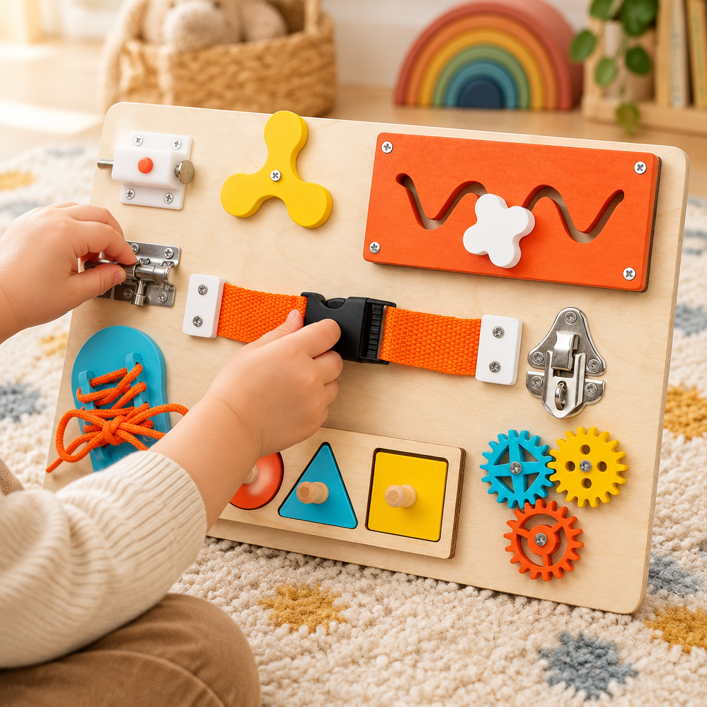 Child's hands buckling the strap on the wooden busy board
