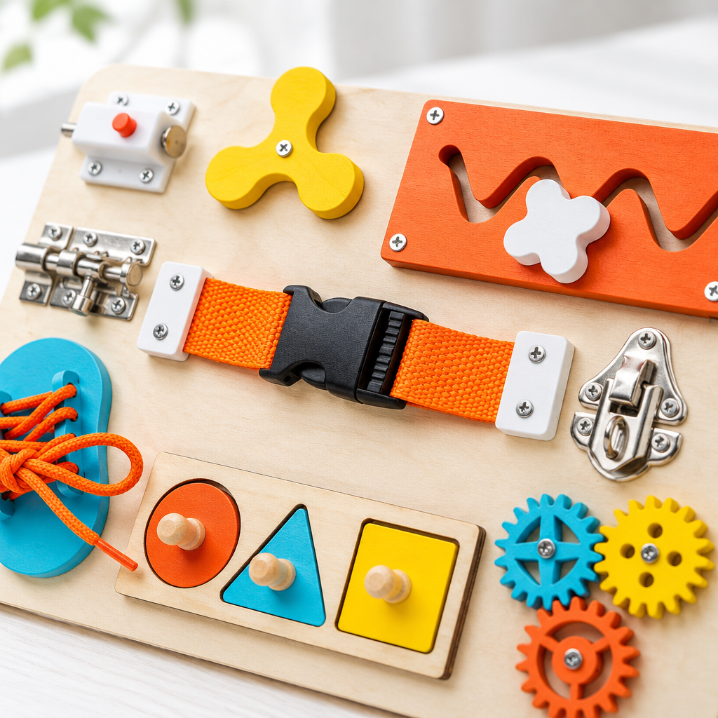 Close-up of latches, buckle and gears on the wooden busy board