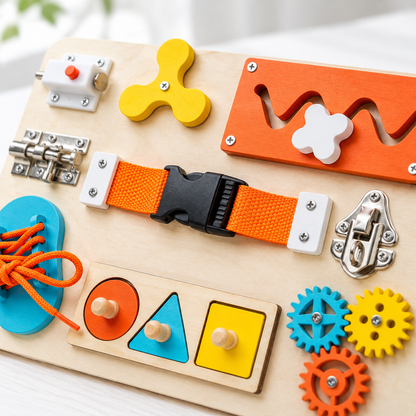 Close-up of latches, buckle and gears on the wooden busy board