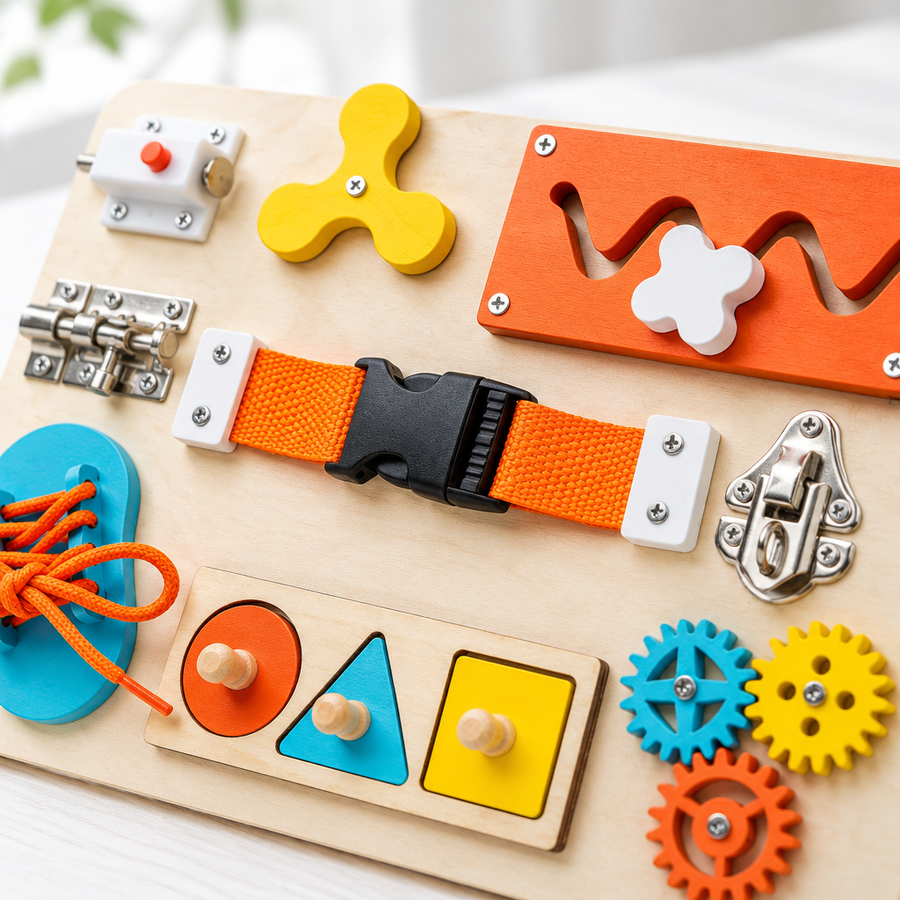Close-up of latches, buckle and gears on the wooden busy board