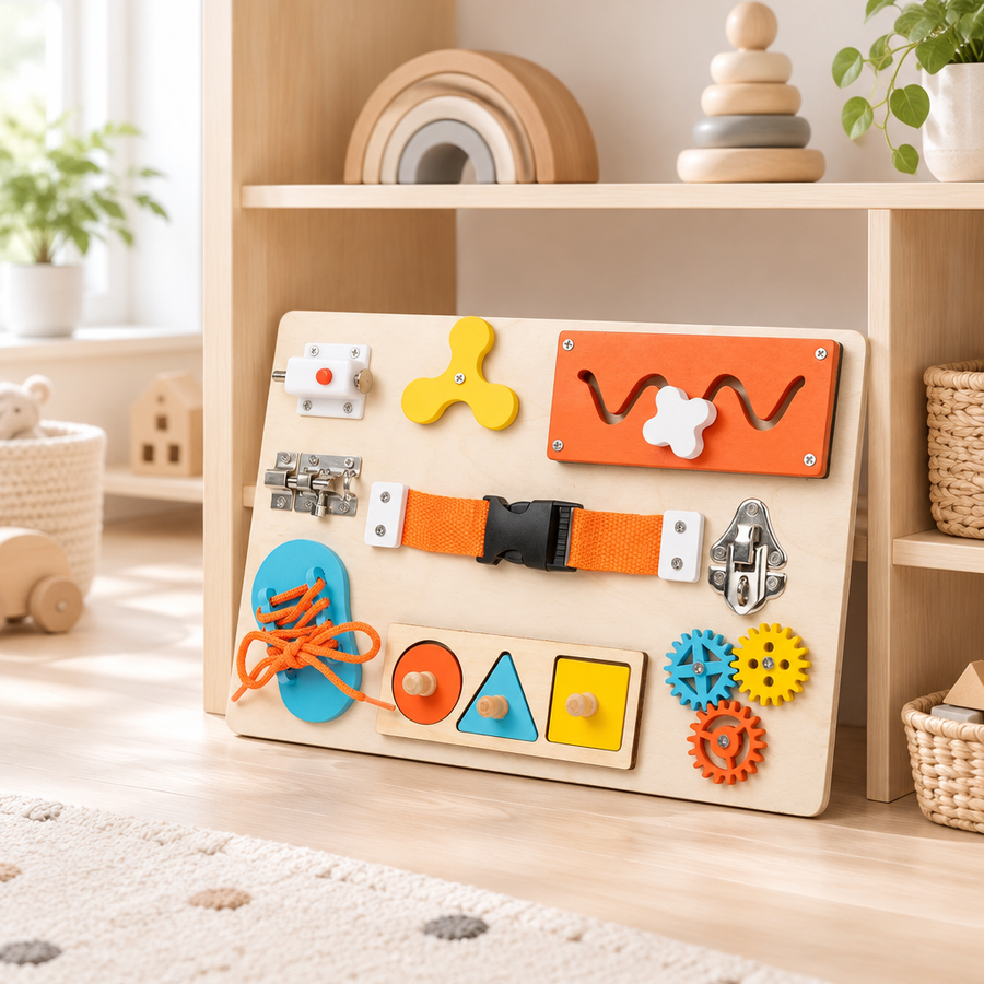 Wooden busy board in a Montessori playroom