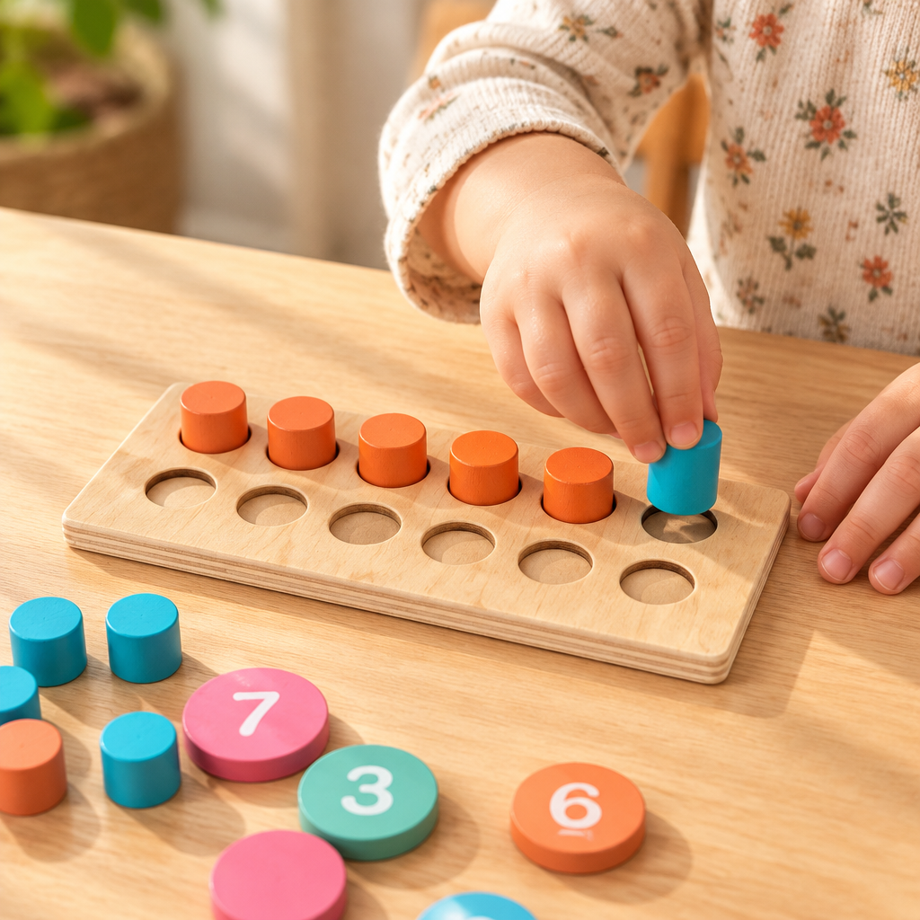 Child's hands placing a block into the wooden ten frame board