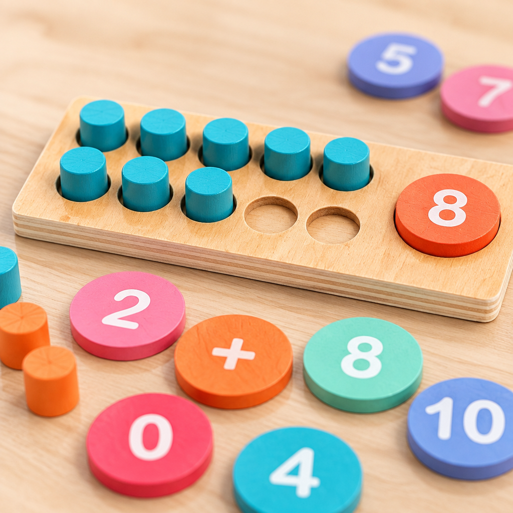 Close-up of blocks and number discs on the wooden ten frame set