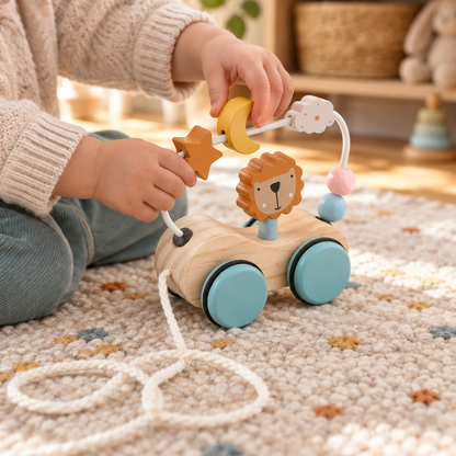 Child's hands sliding beads on the wooden lion toy