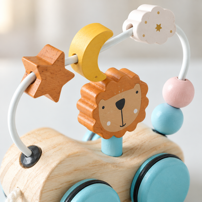 Close-up of the bead maze on the wooden pull-along lion