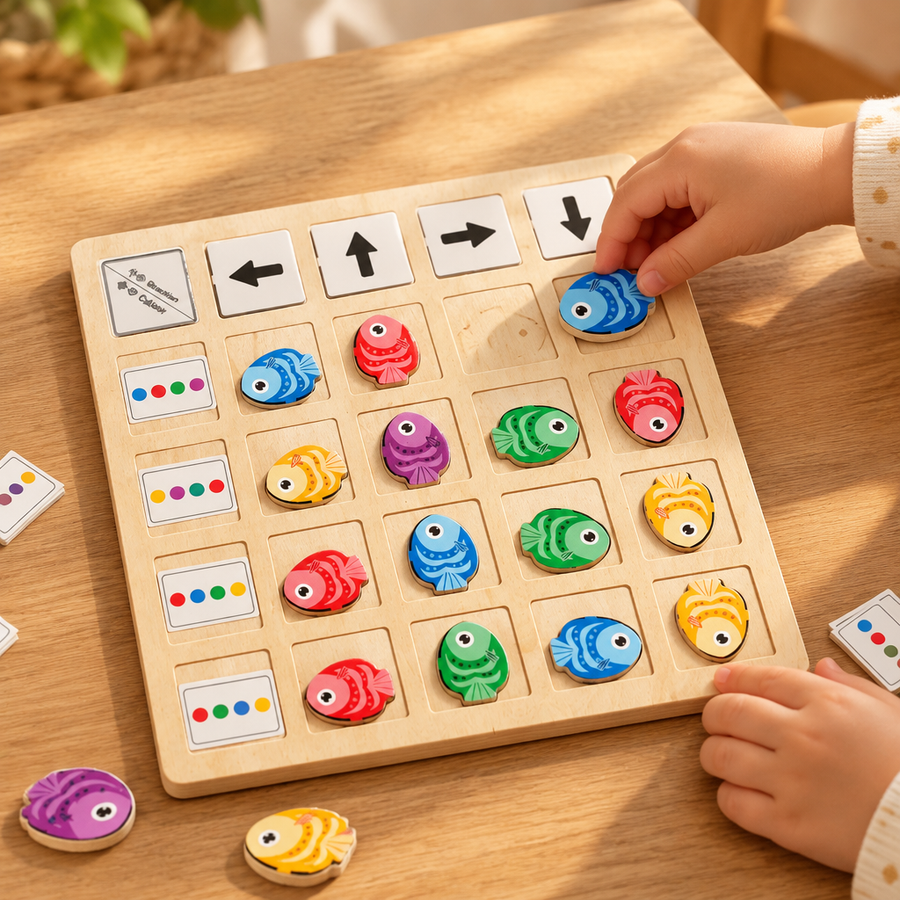 Child's hands placing a fish piece on the wooden logic board