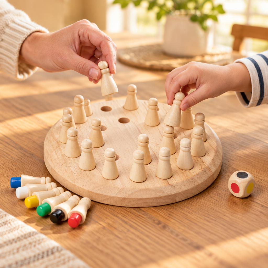 Parent and child hands playing the wooden memory peg game