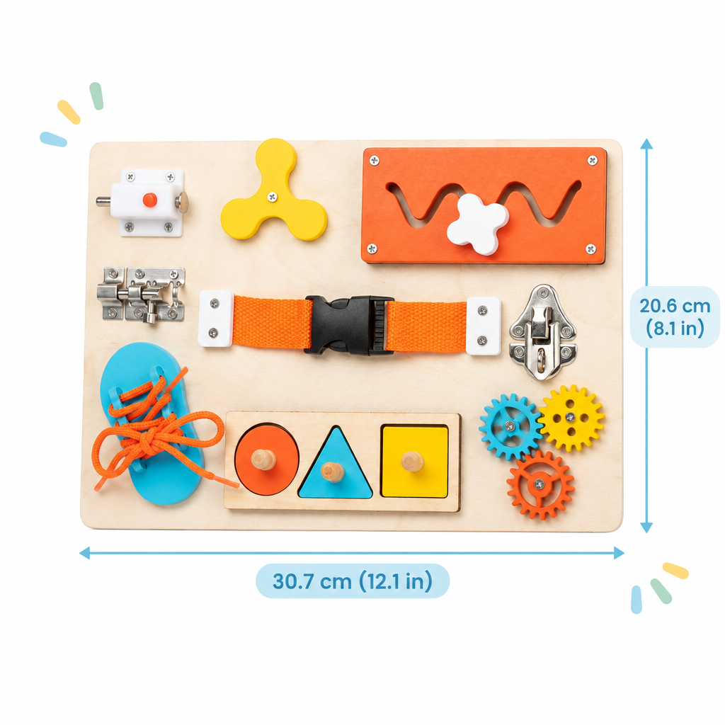 Wooden busy board size: 30.7 x 20.6 cm