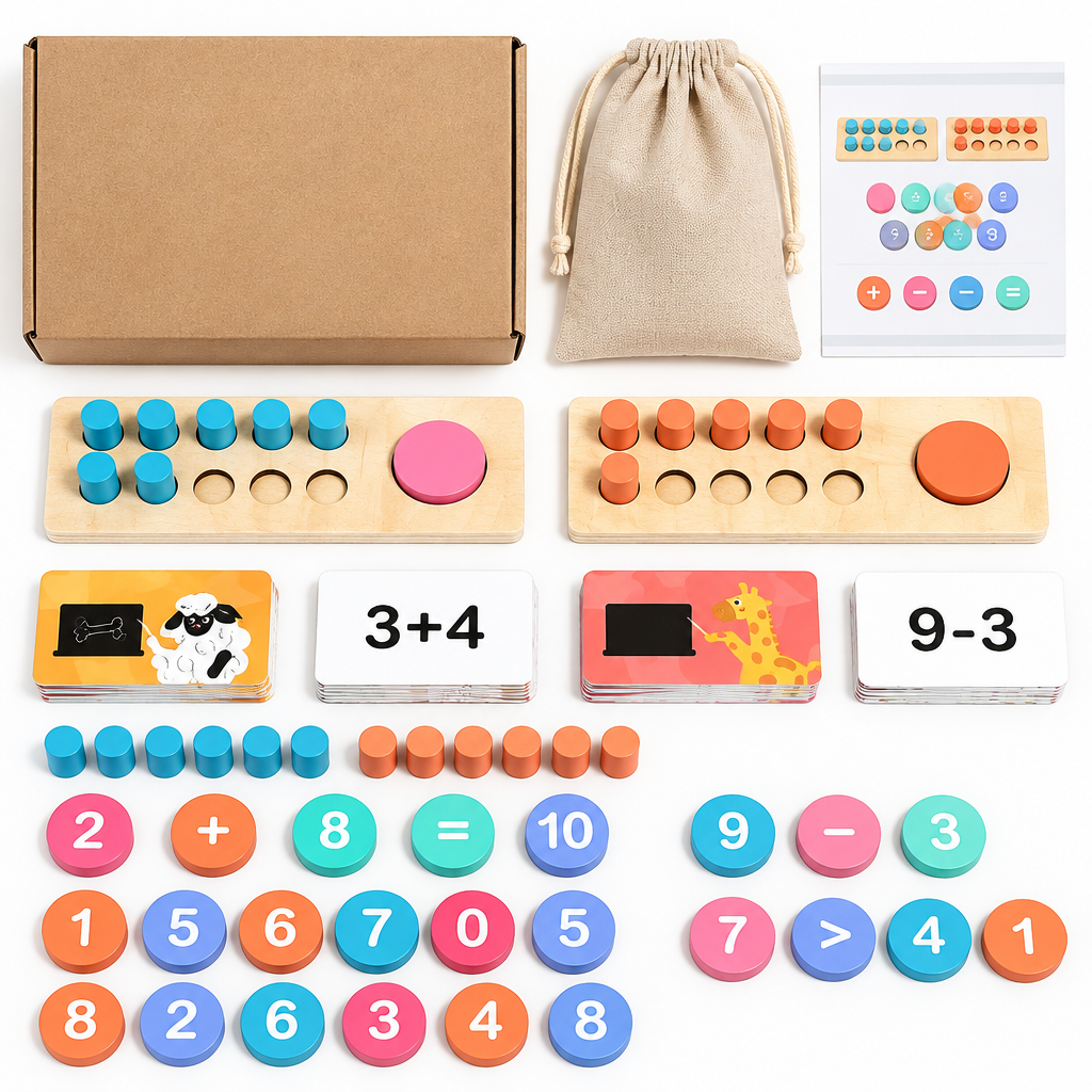 Everything included with the wooden ten frame math set