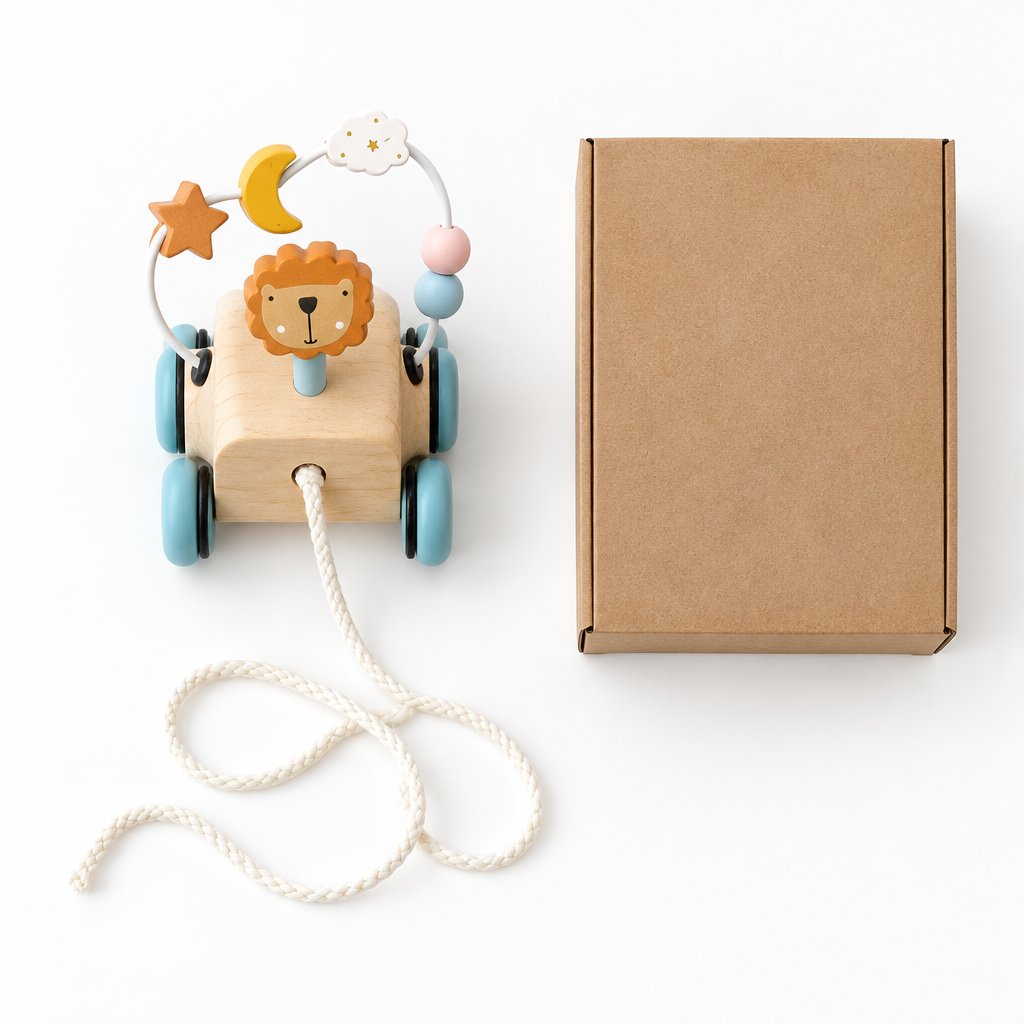 Wooden pull-along lion toy with cord