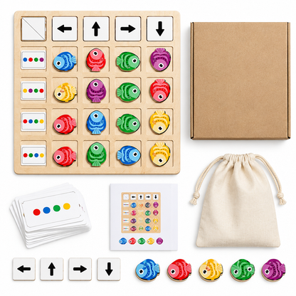 Everything included with the wooden fish logic board game