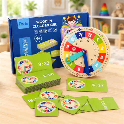 Wooden learning clock with time cards and box