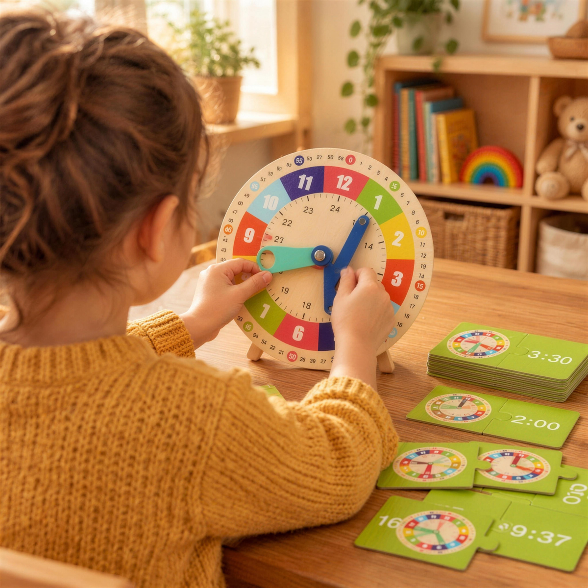 Child setting the hands on the wooden learning clock