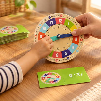 Hands moving the clock hands to match a time card
