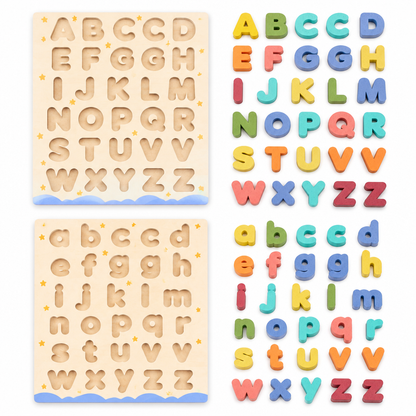 Two wooden ABC boards with all letter pieces