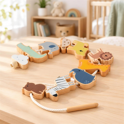Wooden animal threading set with rope