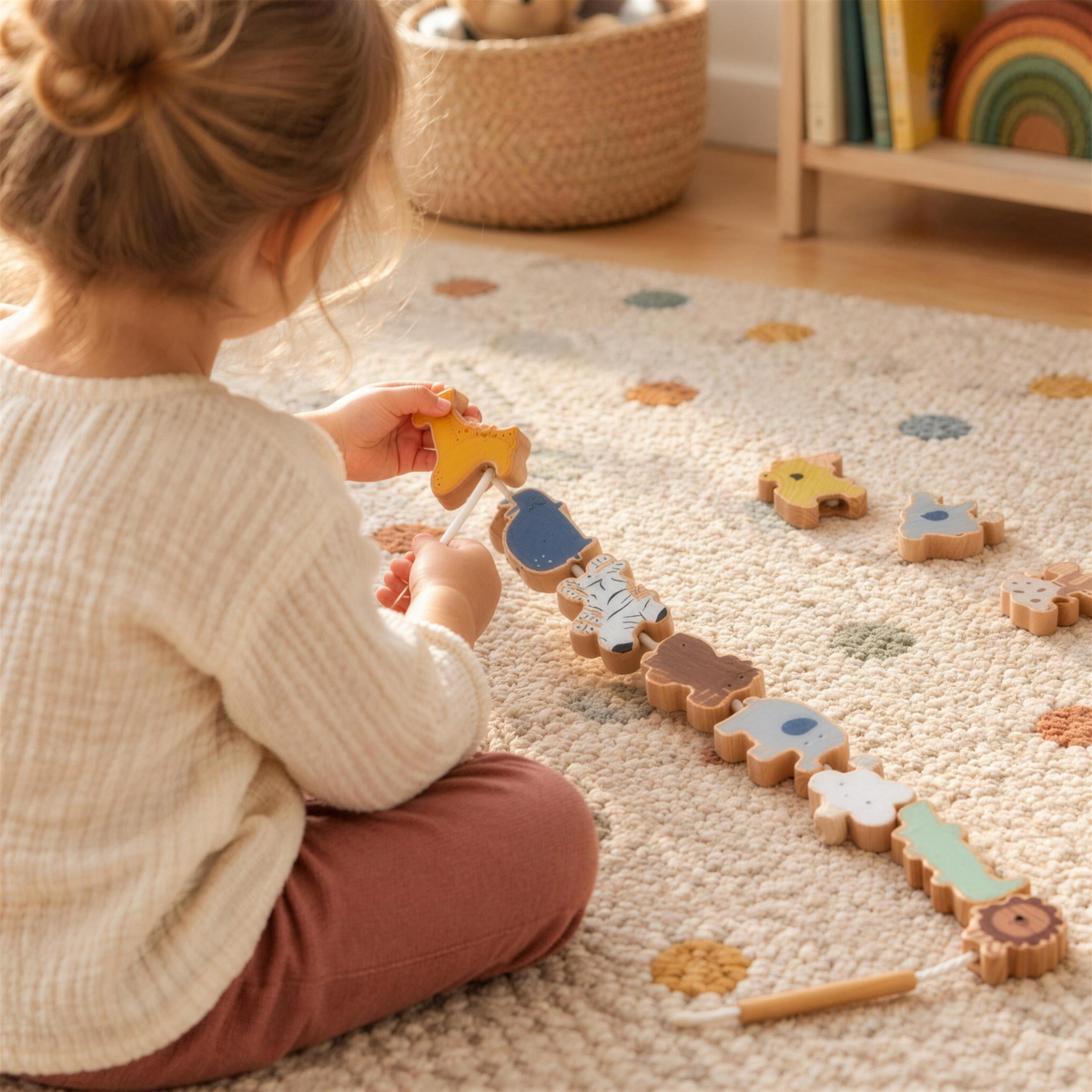 Child threading wooden animals onto a rope