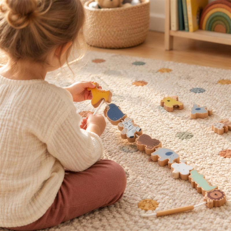 Child threading wooden animals onto a rope
