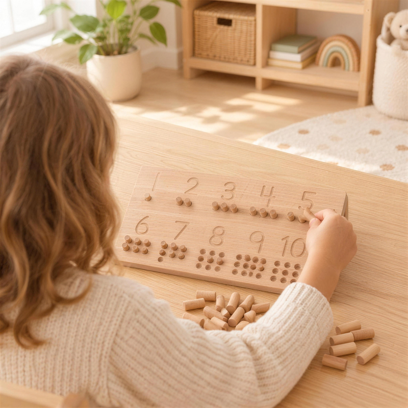 Child placing pegs on the number board