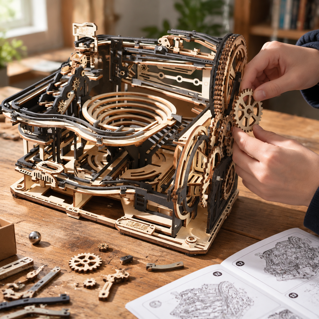 Hands placing a wooden gear