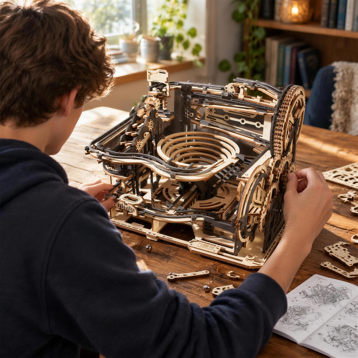 Teen building the marble run kit