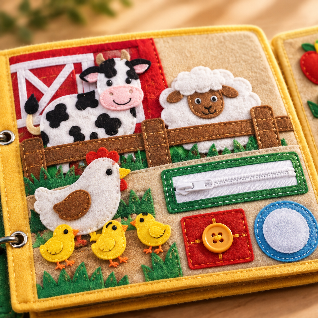 Close-up of the felt farm pages