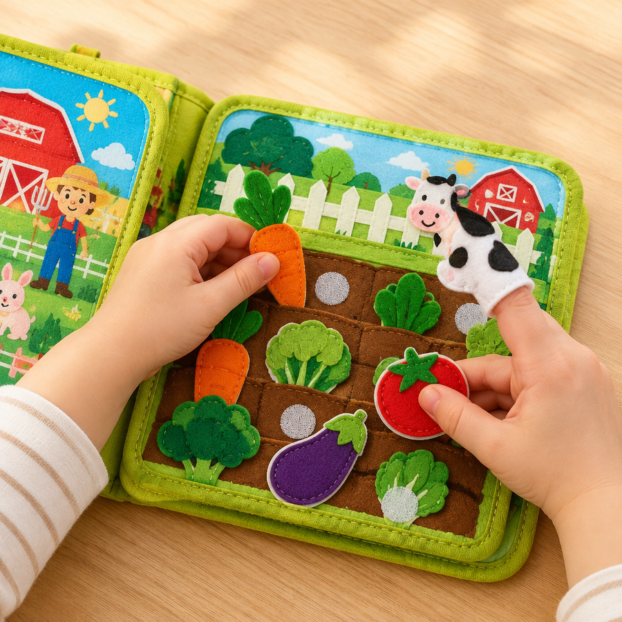 Hands pulling felt vegetables