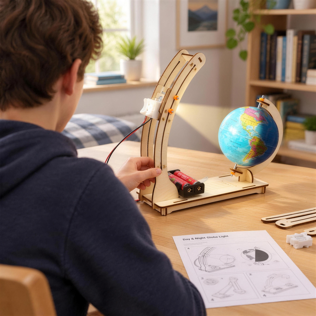 Teen building the globe kit