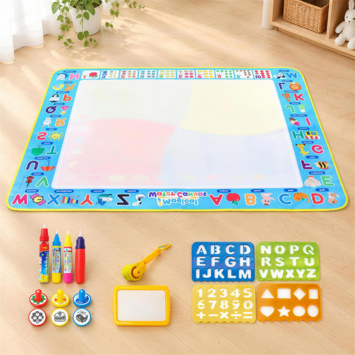 Magic water drawing mat with pens and stencils