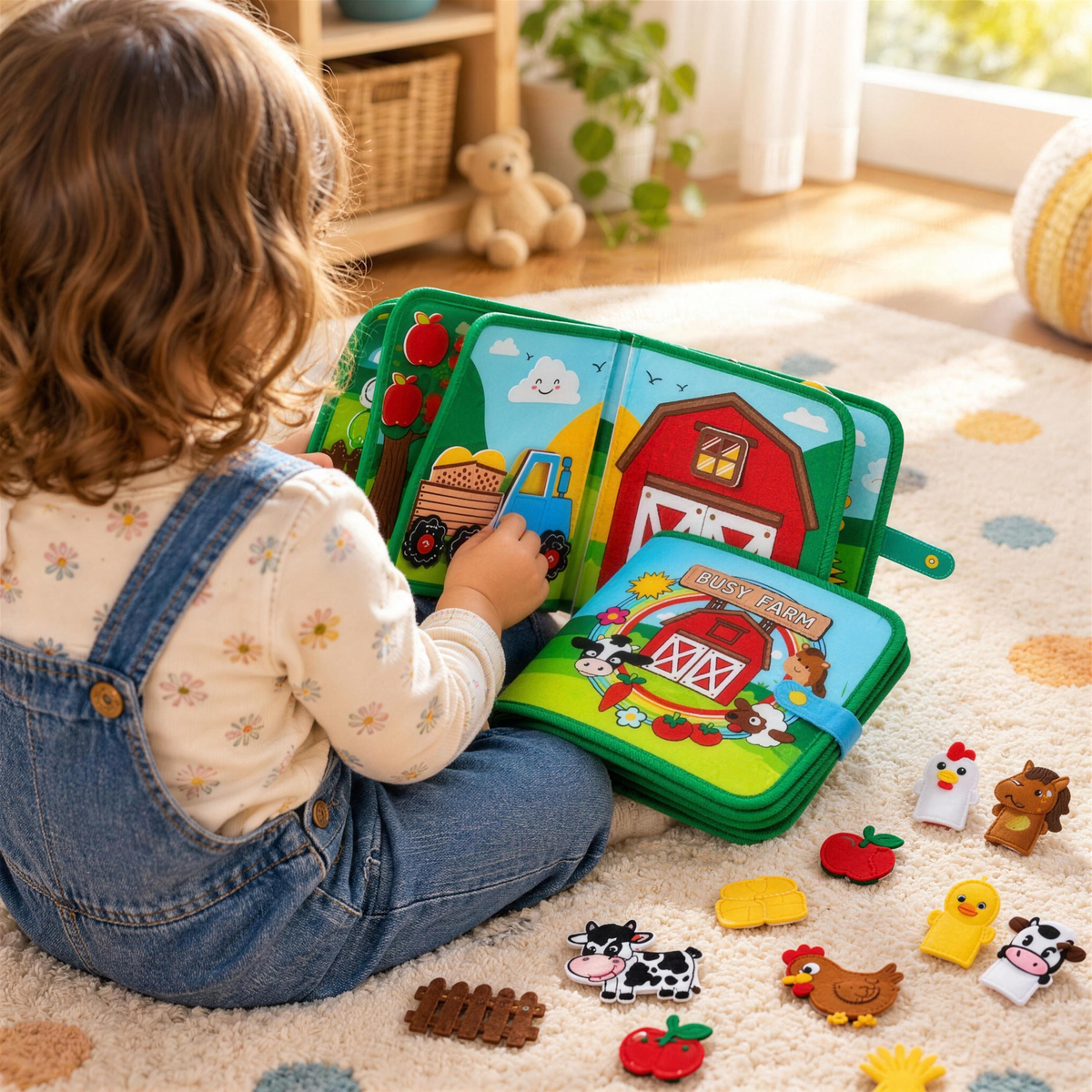 Toddler with the felt farm book