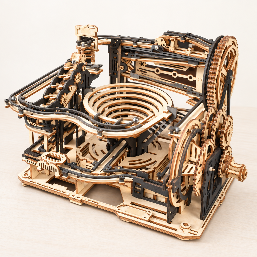 3D wooden marble run model kit on a bright white background