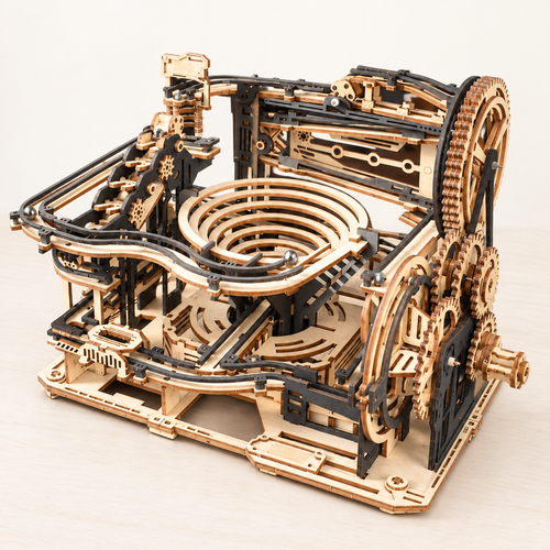 3D wooden marble run model kit on a bright white background