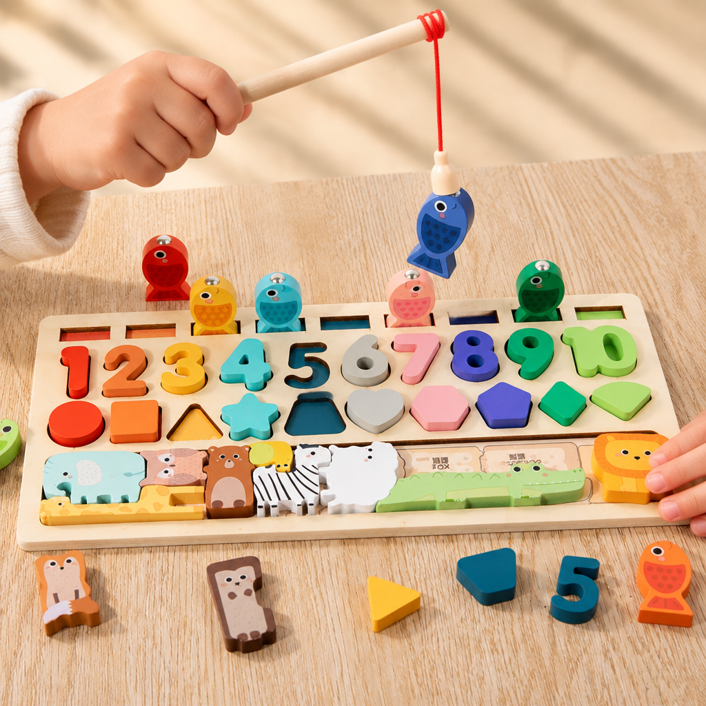 Child's hands lifting a wooden fish with the magnetic rod