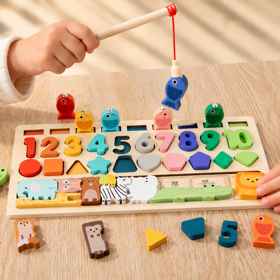 Child's hands lifting a wooden fish with the magnetic rod