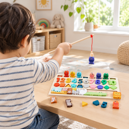 Child fishing on the wooden counting board