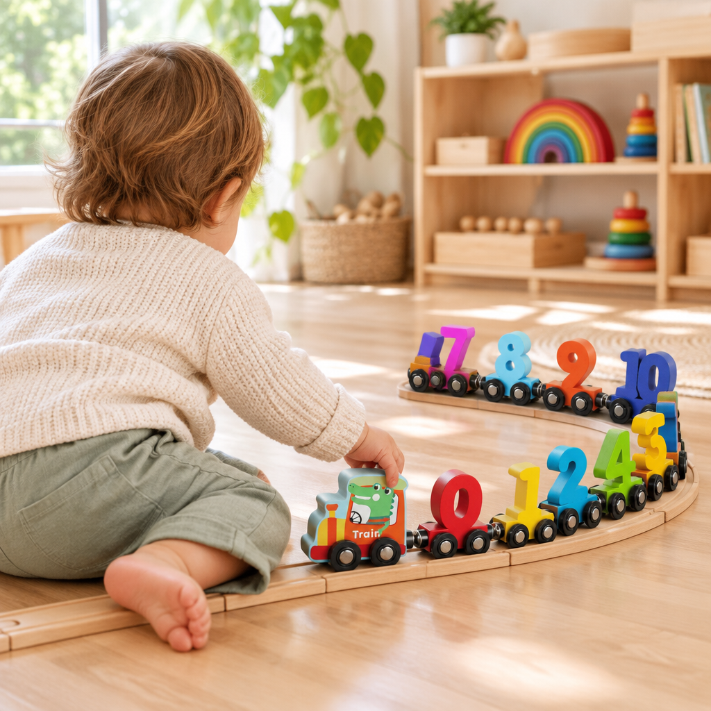 Toddler playing with the wooden number train on the floor