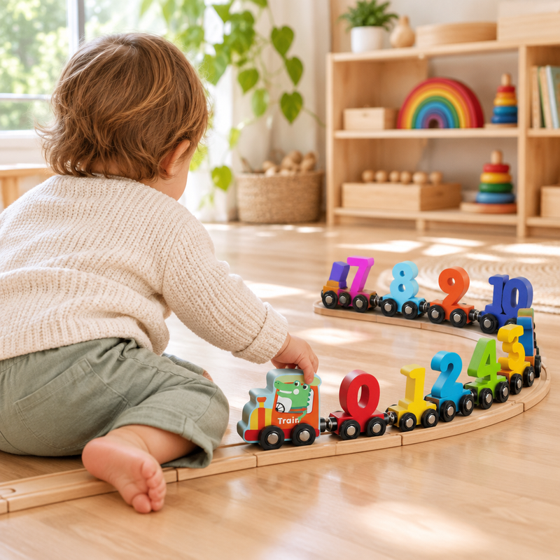 Toddler playing with the wooden number train on the floor