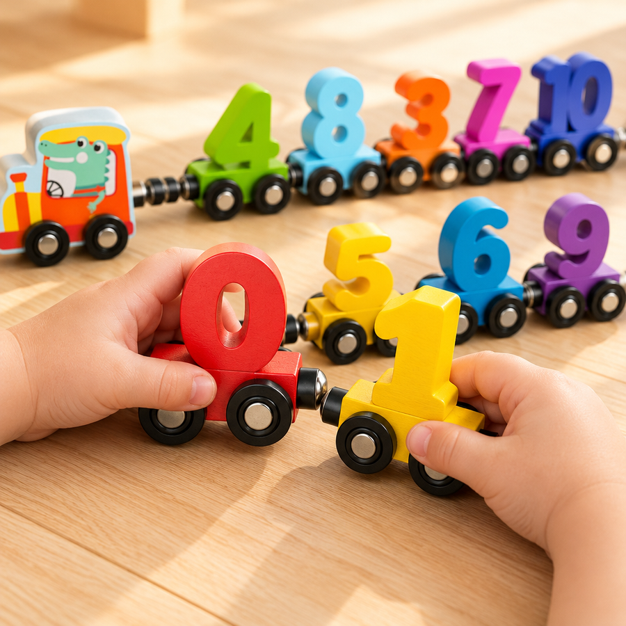 Child's hands connecting a wooden number car