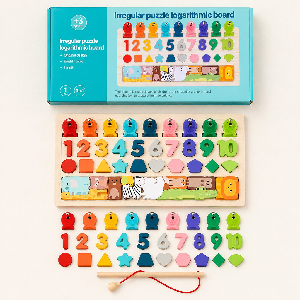 What is in the box: board, box, fish, shapes and rod
