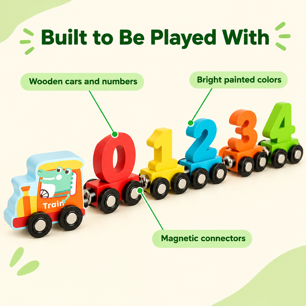 Wooden cars, bright painted colors and magnetic connectors