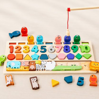 Wooden fishing and counting board with fish, shapes and magnetic rod