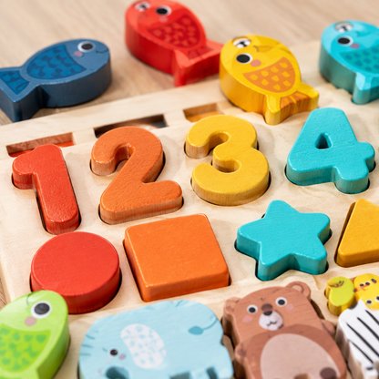 Close-up of numbers, fish and shape pieces