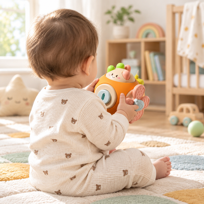 Baby holding the sensory busy ball