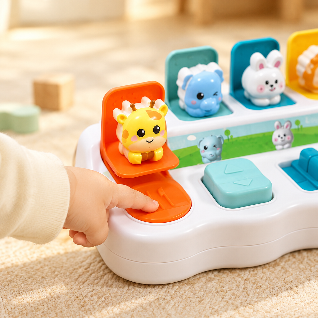 Child's hand pressing a pop-up animal switch