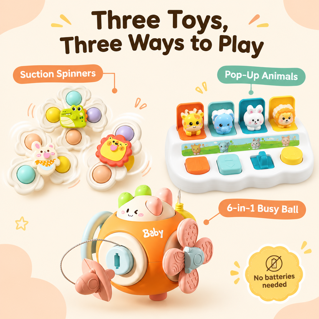Three toys, three ways to play, no batteries needed